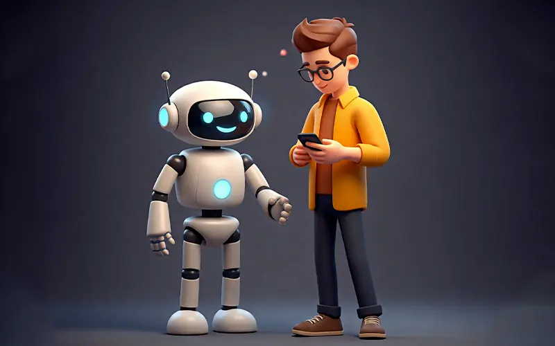 immagine in stile pixar di un ragazzo che chatta con un robot