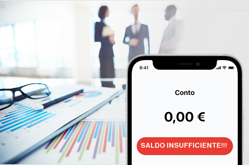 smartphone con banner Saldo Insufficiente conto 0,00€